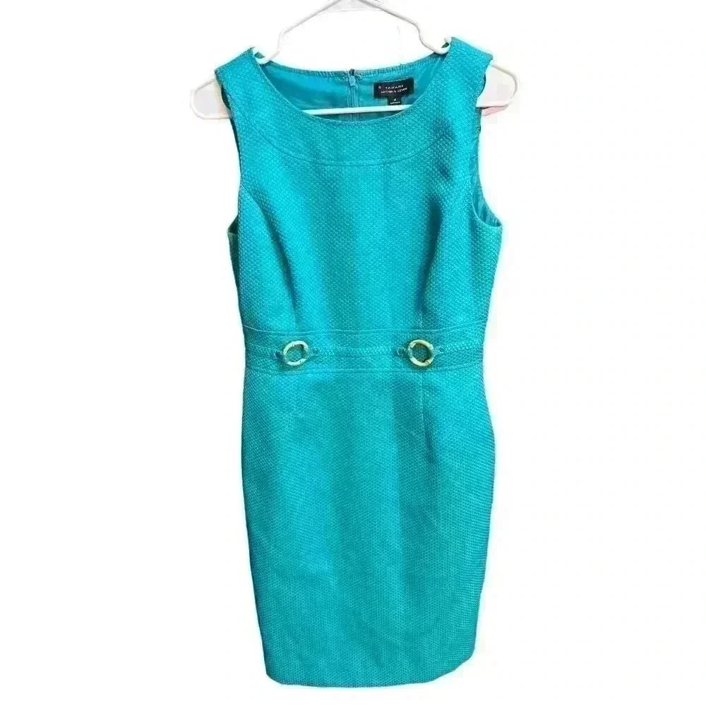 Tahari Arthur Levine Turquoise  Sleeveless Textured  Dress Office Size 4, EUC